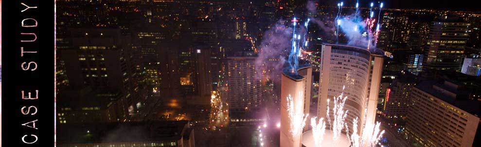 The annual Cavalcade of Lights pyrotechnic show fired from Toronto’s iconic City Hall is an event where Danger Boy really ratchet it up a few notches. Cavalcade takes place every November, and is the official lead up to the Christmas season in Toronto. We have had the opportunity to be a part of this production for many years now and it is always a privilege. This is the largest pyro and fireworks show held in an urban, downtown setting in Canada and that in itself creates many challenges and opportunities.